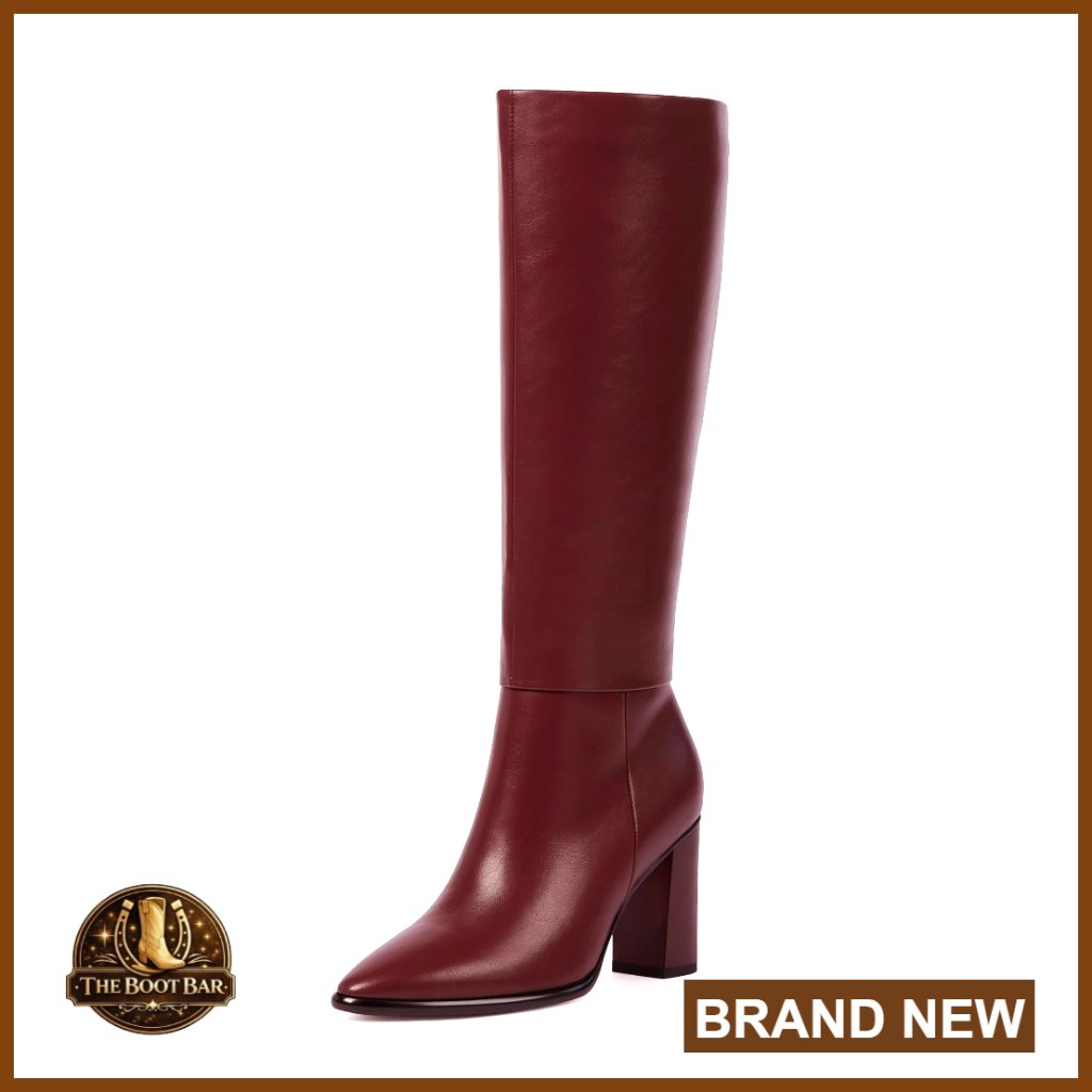 Knee High Boots Pointed Toe Chunky Heel Pu Leather Side Zipper